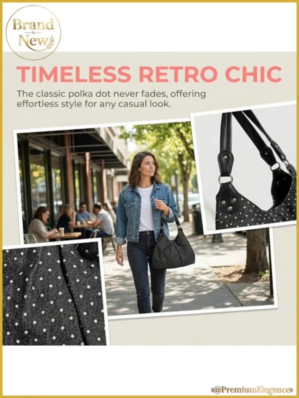 Polka Dot Slouchy Hobo Shoulder Bag, Studded Tote with Front Zipper, Y2K Retro